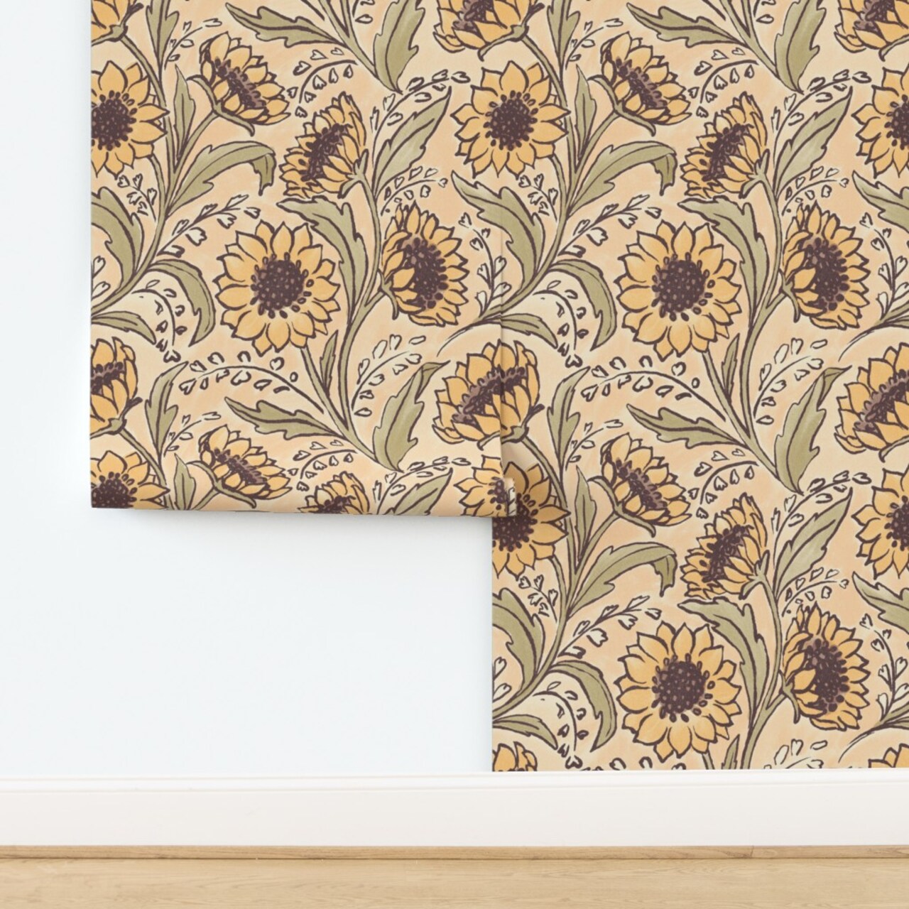 Flower Sunflowers Floral Country Nature Rustic Custom Pre-pasted Wallpaper by Spoonflower Pre-Pasted Wallpaper 2FT Wide